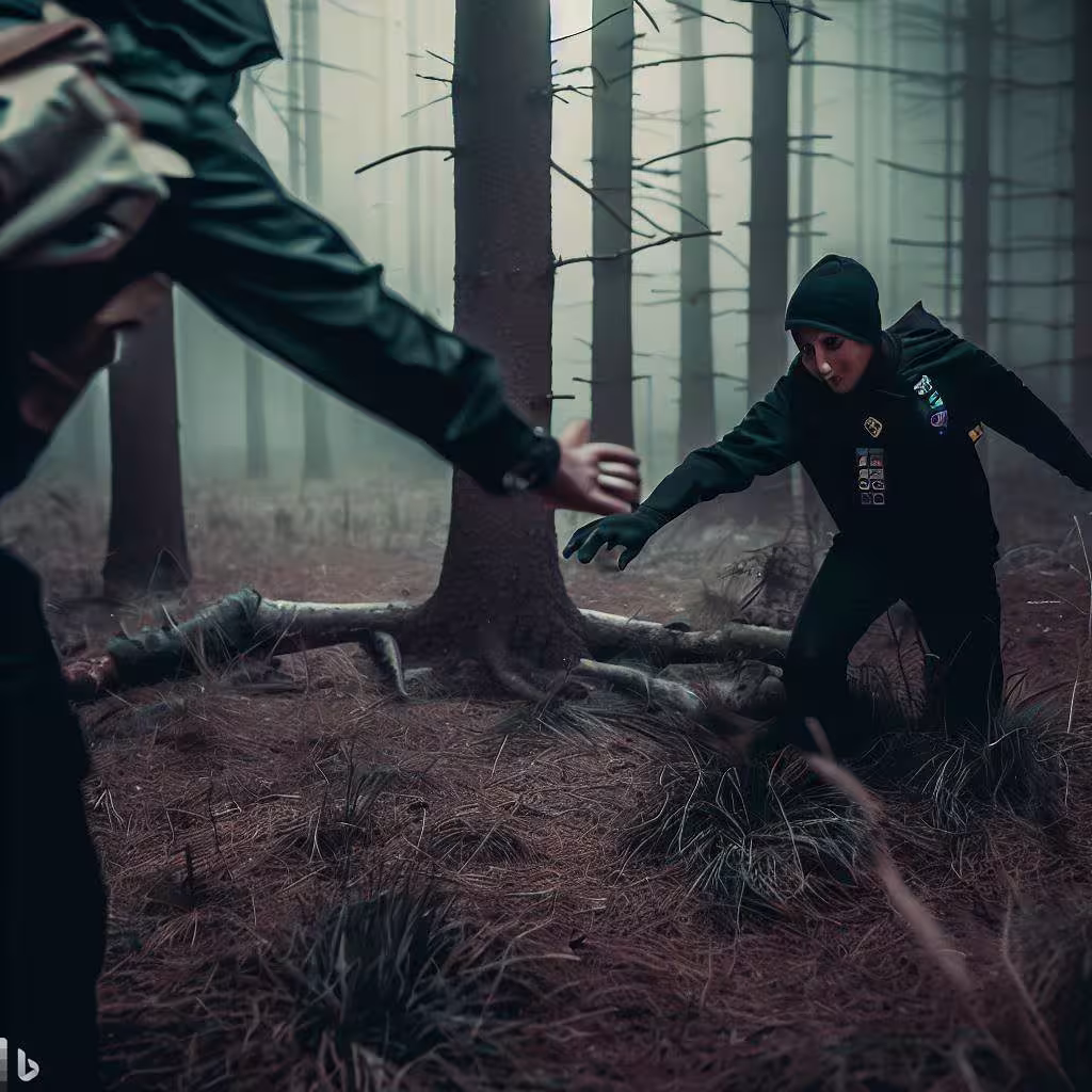 The image shows a boy dressed in a green uniform and a red scarf, fighting against a man wearing black clothing, a mask, and wielding a knife. They are in a pine forest, with snow on the ground and in the air. The scout tries to defend himself with a branch but appears to be at a disadvantage. The image has an action and suspense style, with contrasting colors and dynamic movement.